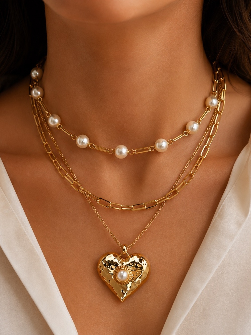 Gold Stainless Steel Pearl Heart Pendant Layered Necklace